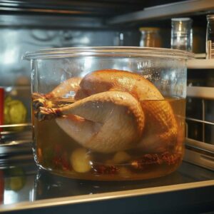 Cover and refrigerate the turkey in the zesty turkey brine for at least 12–24 hours, up to 48 hours for maximum flavor.