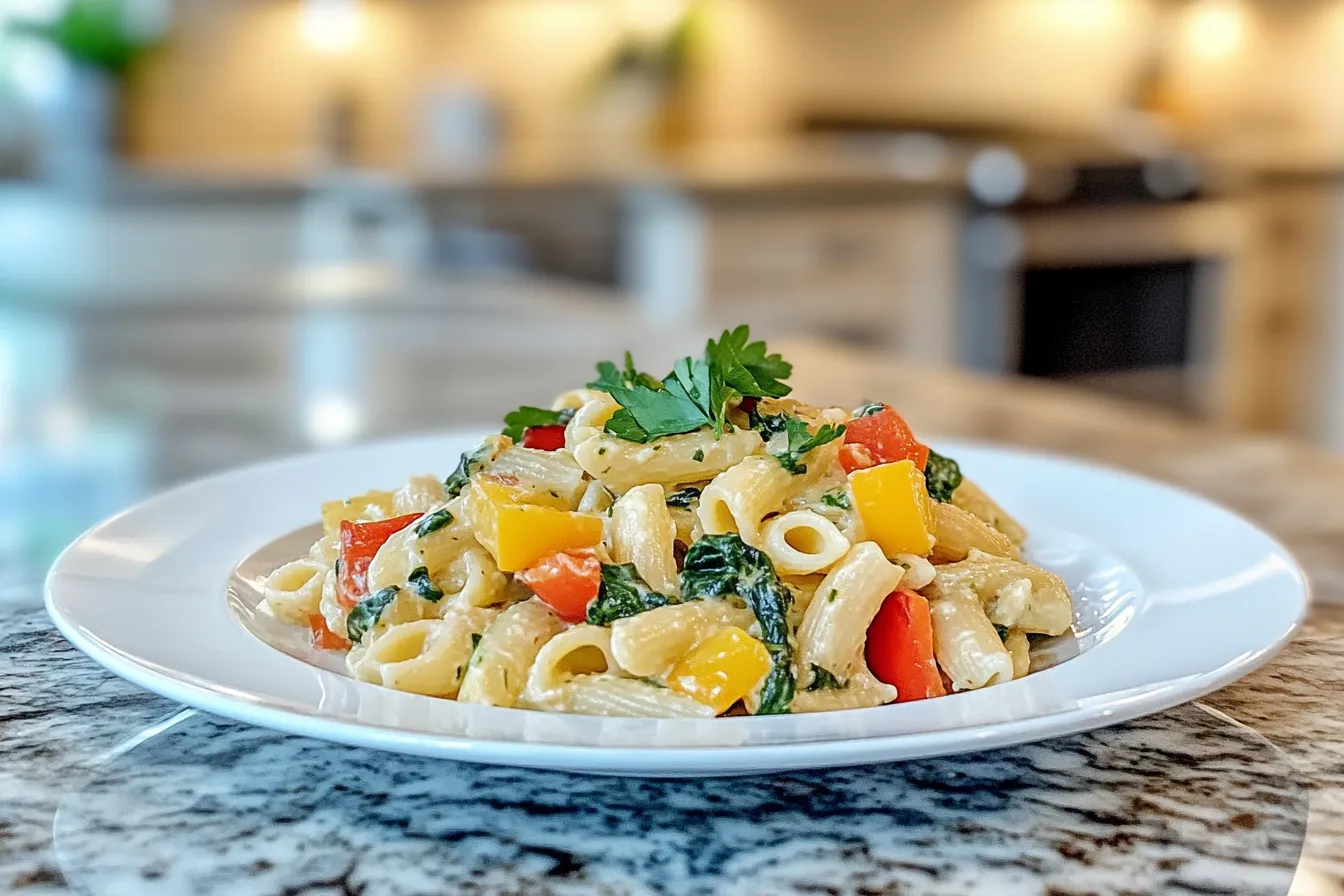 A plate of vegetarian Rasta Pasta featuring creamy pasta with zucchini, spinach, and colorful peppers in a bright kitchen setting.
