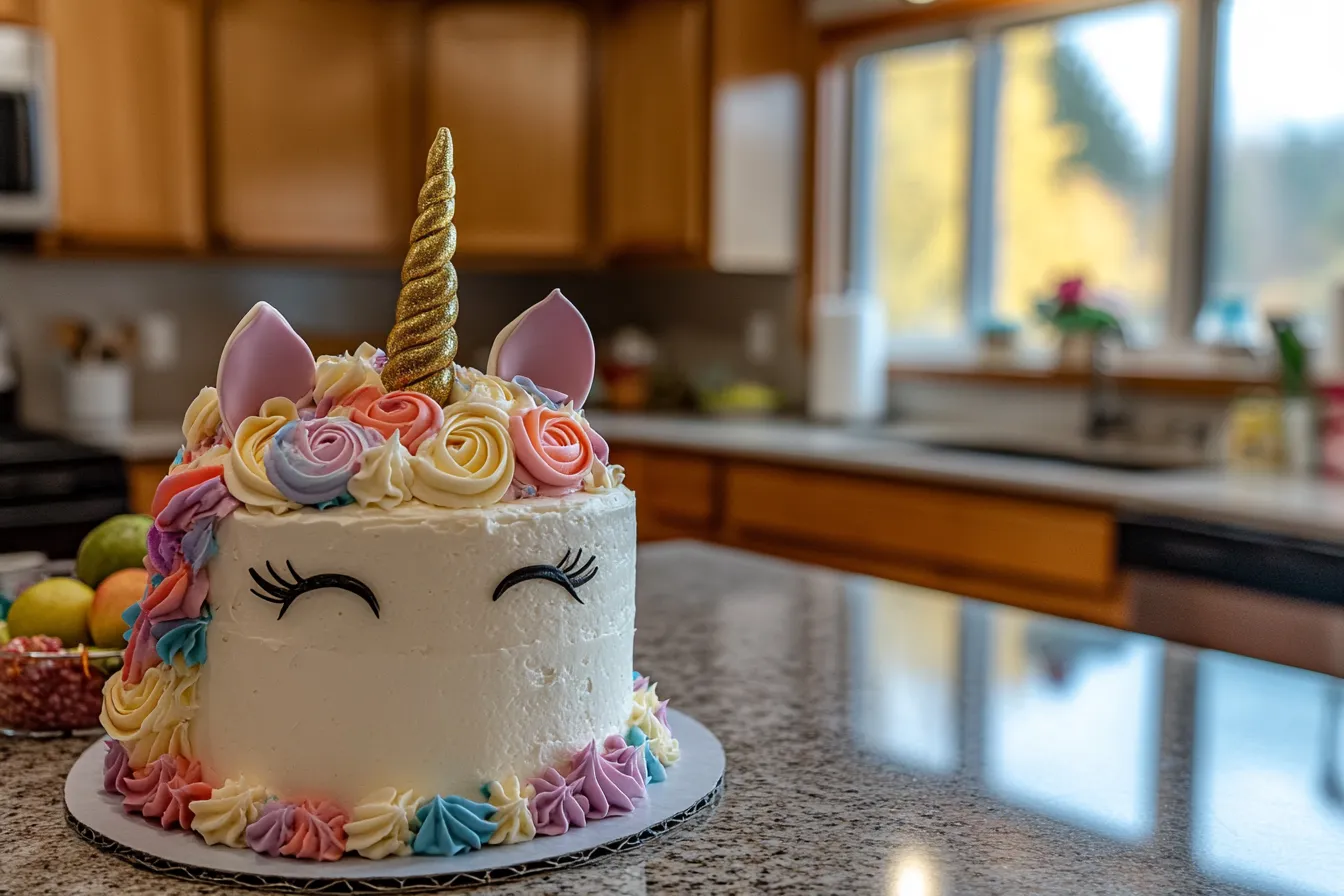 A lifelike unicorn cake with pastel frosting mane, golden horn, and edible glitter, sitting on a modern kitchen counter.