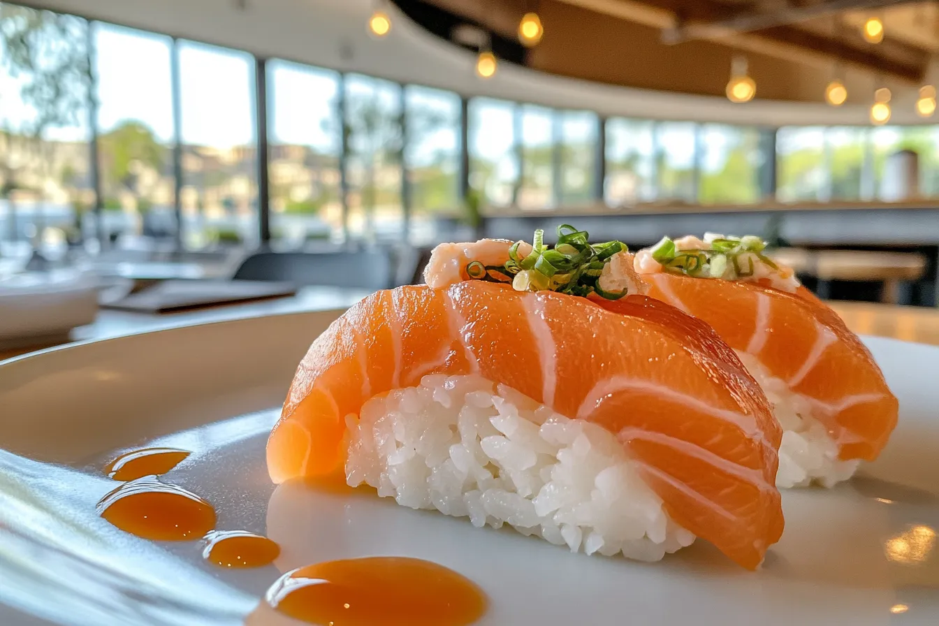 Close-up of fresh salmon nigiri sushi on a white plate, emphasizing the vibrant orange salmon and delicate rice.