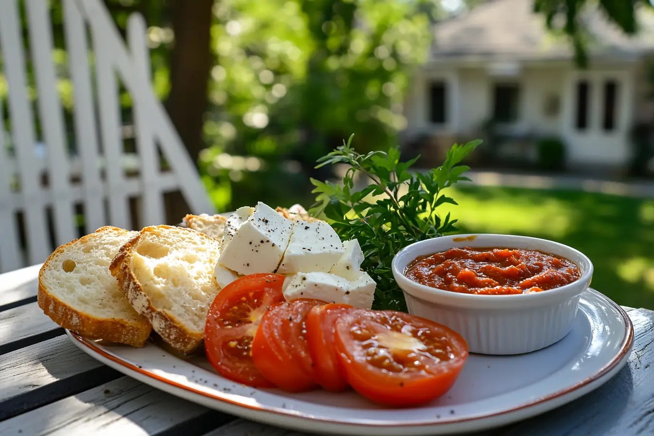 Traditional Balkan breakfast on a sunny outdoor table.