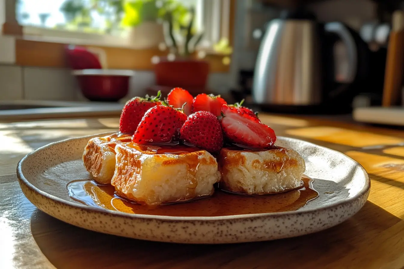 A freshly cooked mochi waffle on a ceramic plate, garnished with maple syrup and fresh berries, captured on an iPhone 15 Pro in a modern American kitchen with soft natural lighting