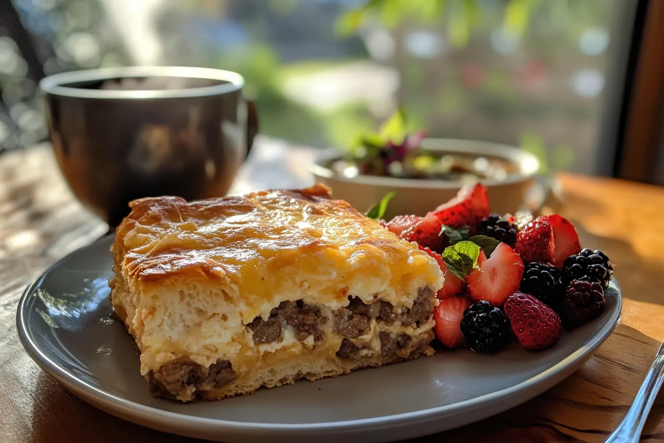 A slice of sausage gravy breakfast casserole served with a fresh berry salad and coffee on a rustic table with natural lighting.