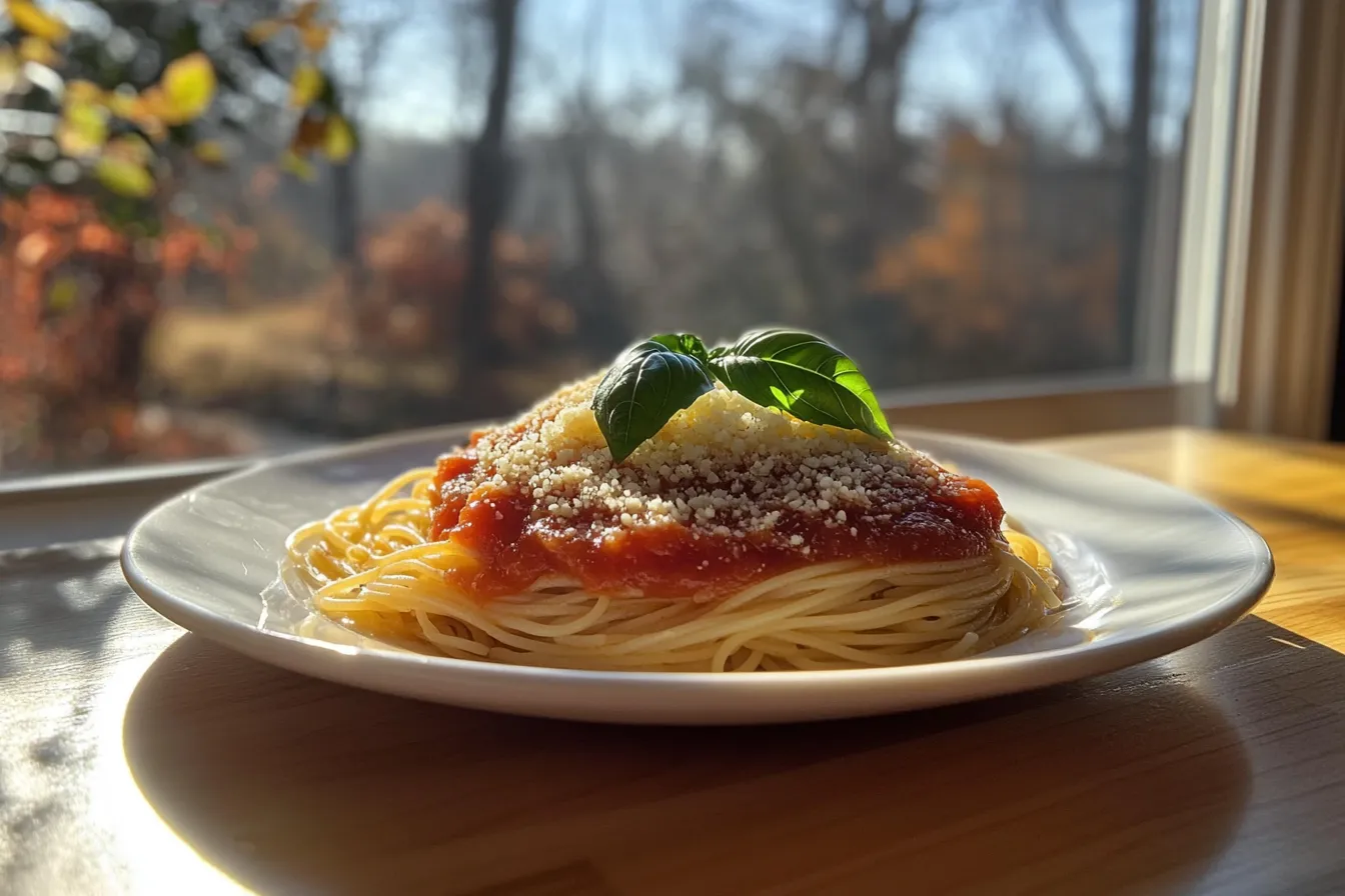 Close-up of gluten-free spaghetti in marinara sauce garnished with basil and Parmesan on a white ceramic plate in a bright, modern kitchen.