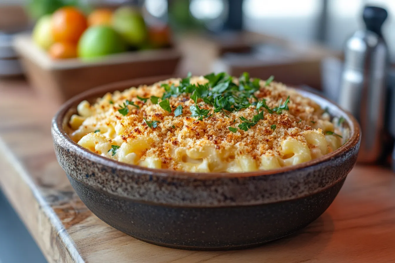 A creamy bowl of Gordon Ramsay’s mac and cheese with a golden breadcrumb crust, garnished with parsley.