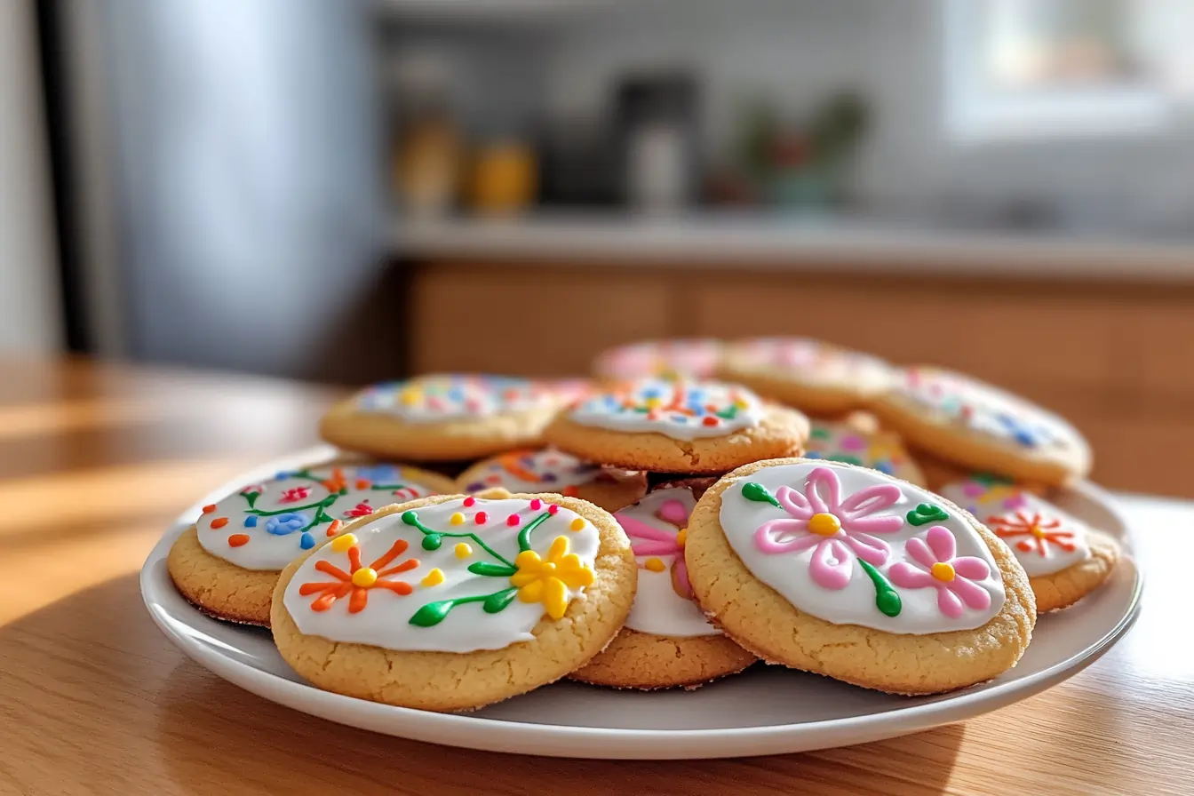 Royal icing cookies made with meringue powder on a white ceramic plate in a modern kitchen.