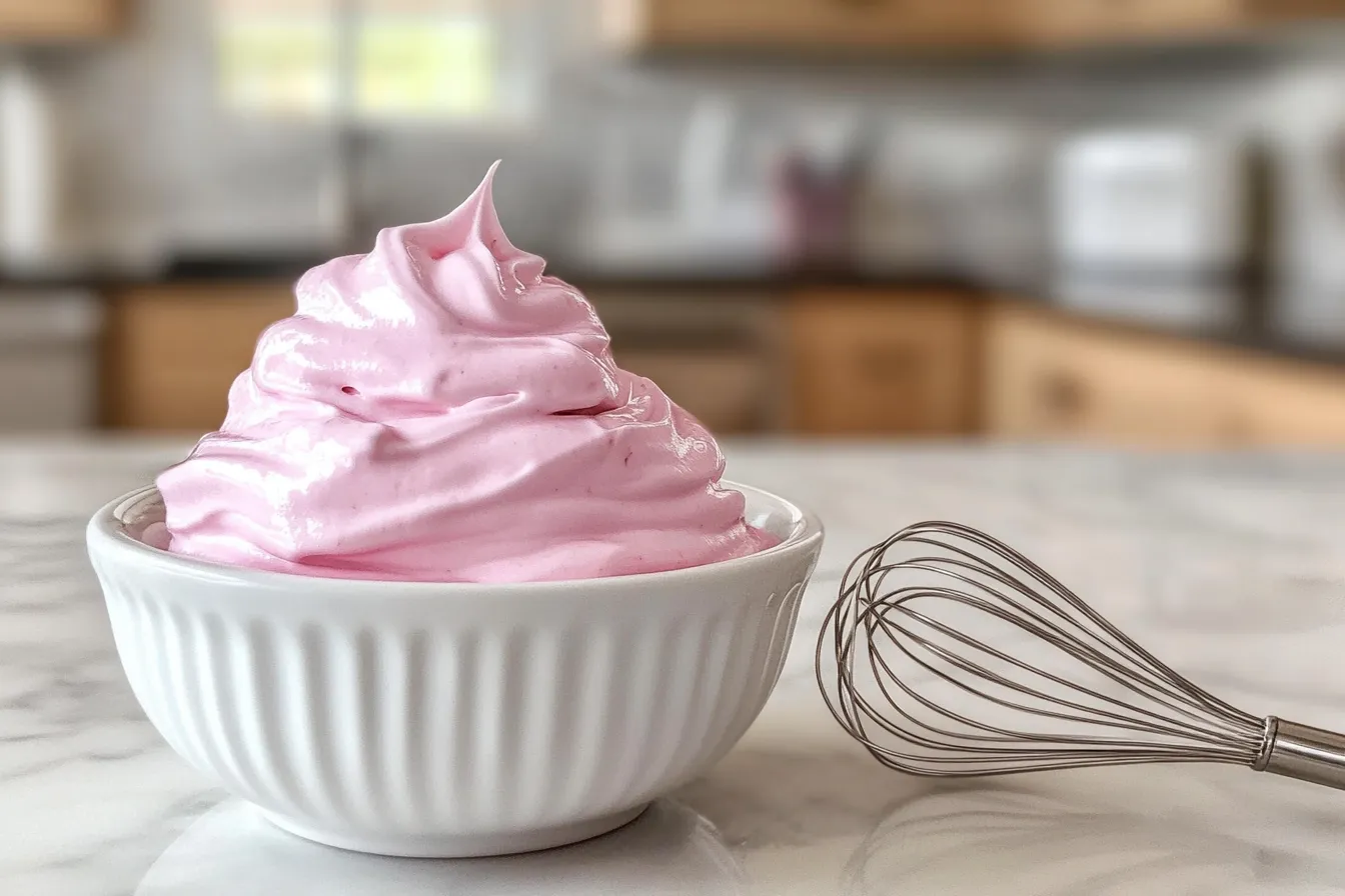 Glossy white and pastel pink royal icing in a small bowl, next to a whisk, in a modern kitchen setting.