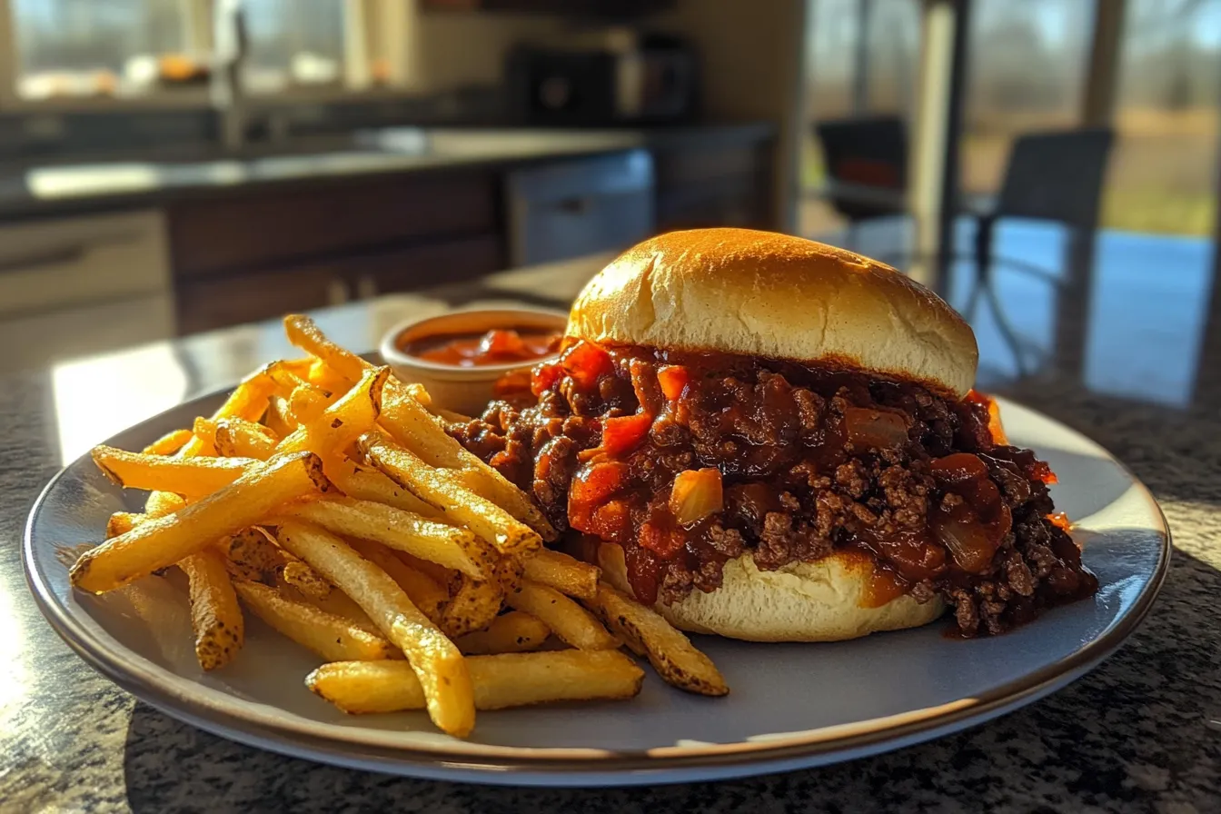 A close-up of homemade Sloppy Joes on a toasted bun with saucy beef spilling over, served on a plate with fries in a bright, modern kitchen.