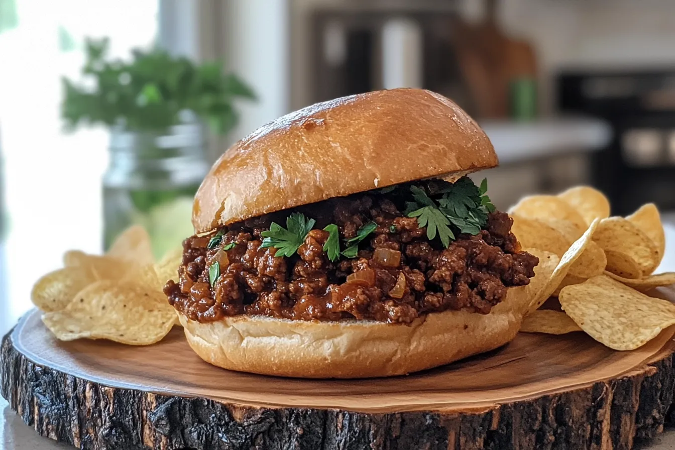 A juicy Sloppy Joe sandwich on a toasted brioche bun, served with potato chips on a rustic wooden plate.