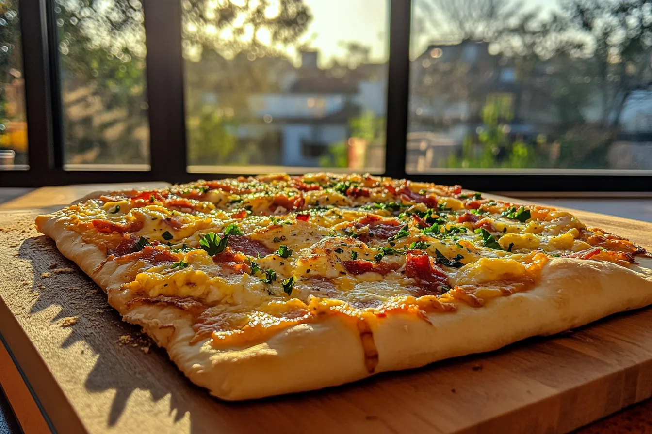 A classic breakfast pizza featuring scrambled eggs, crispy bacon, and melted mozzarella on a golden crust.