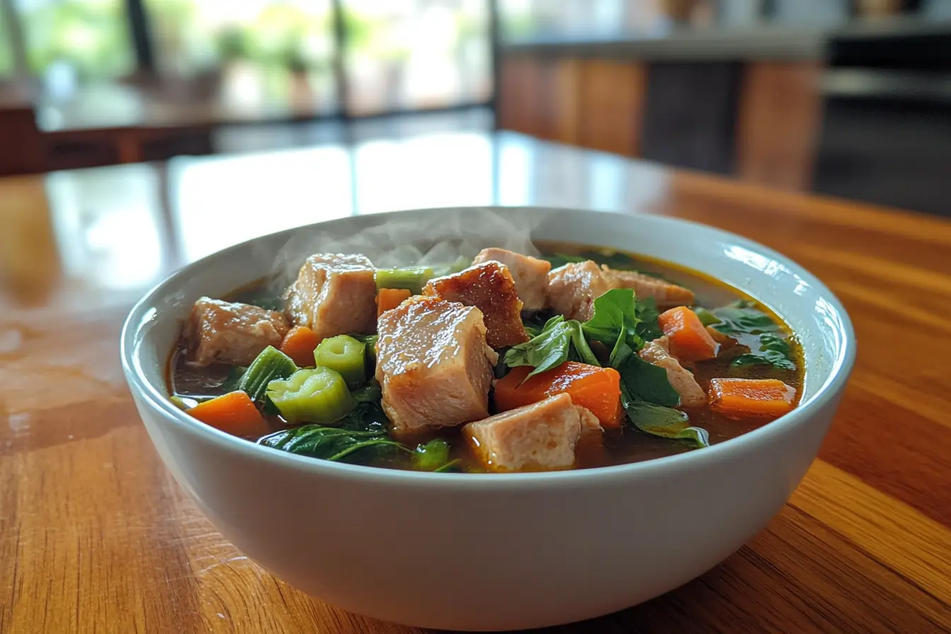 Close-up of a vibrant beef Sinigang bowl with fresh vegetables and tamarind broth.