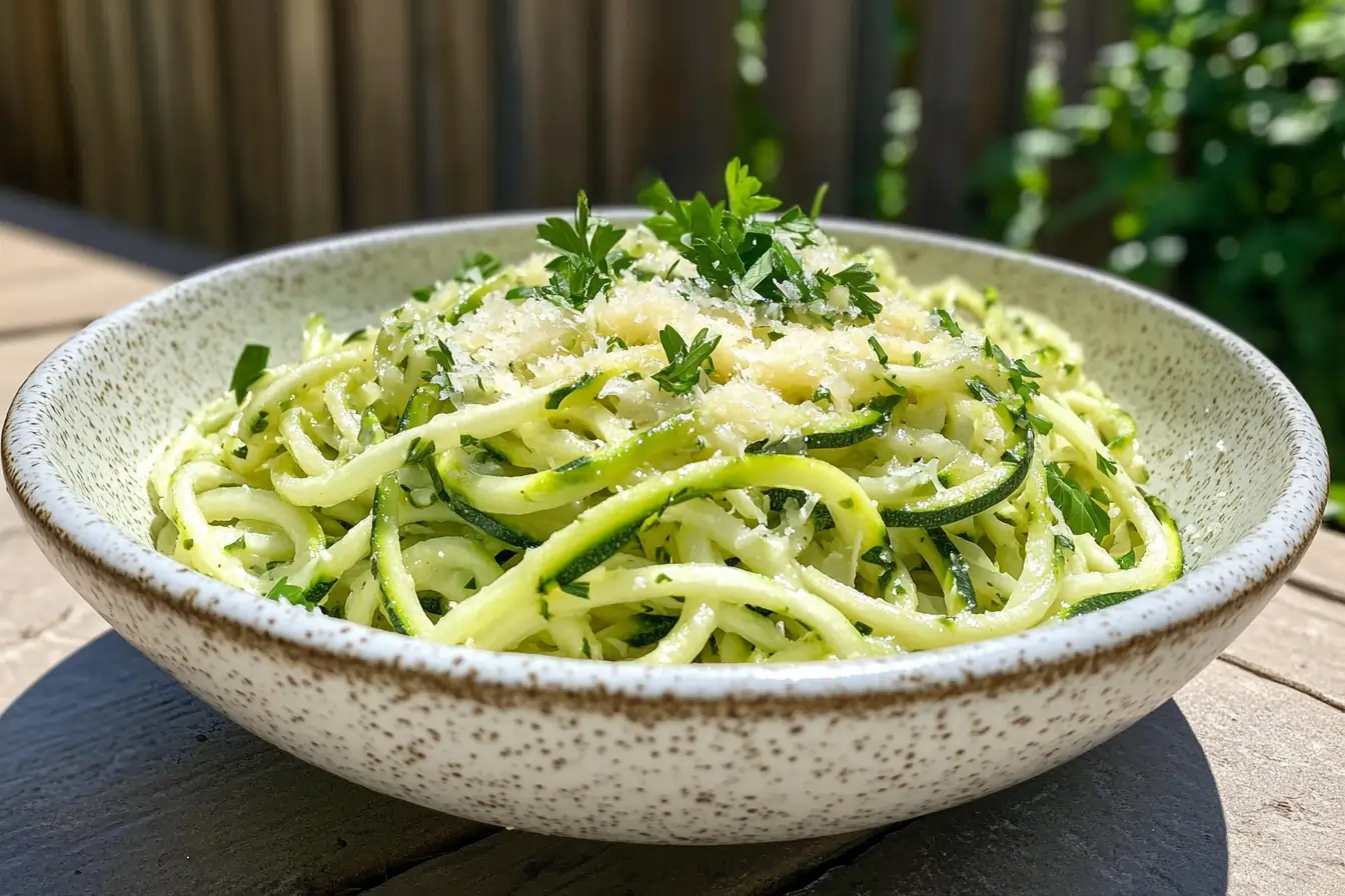 Zucchini noodles in a creamy garlic butter sauce topped with Parmesan, captured outdoors with natural lighting