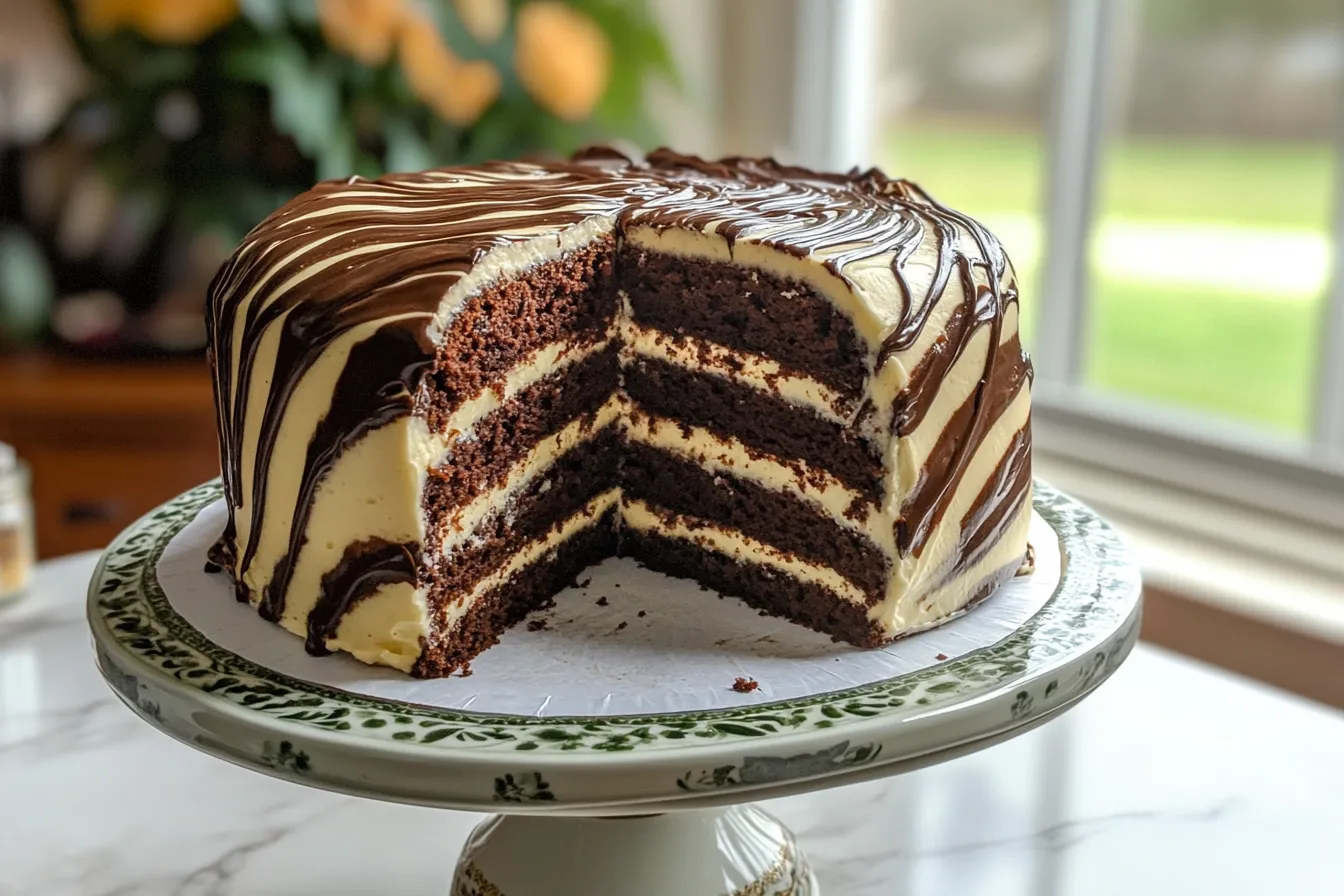 A close-up of a slice of zebra cake with distinct chocolate and vanilla stripes, topped with chocolate glaze, on a white plate.