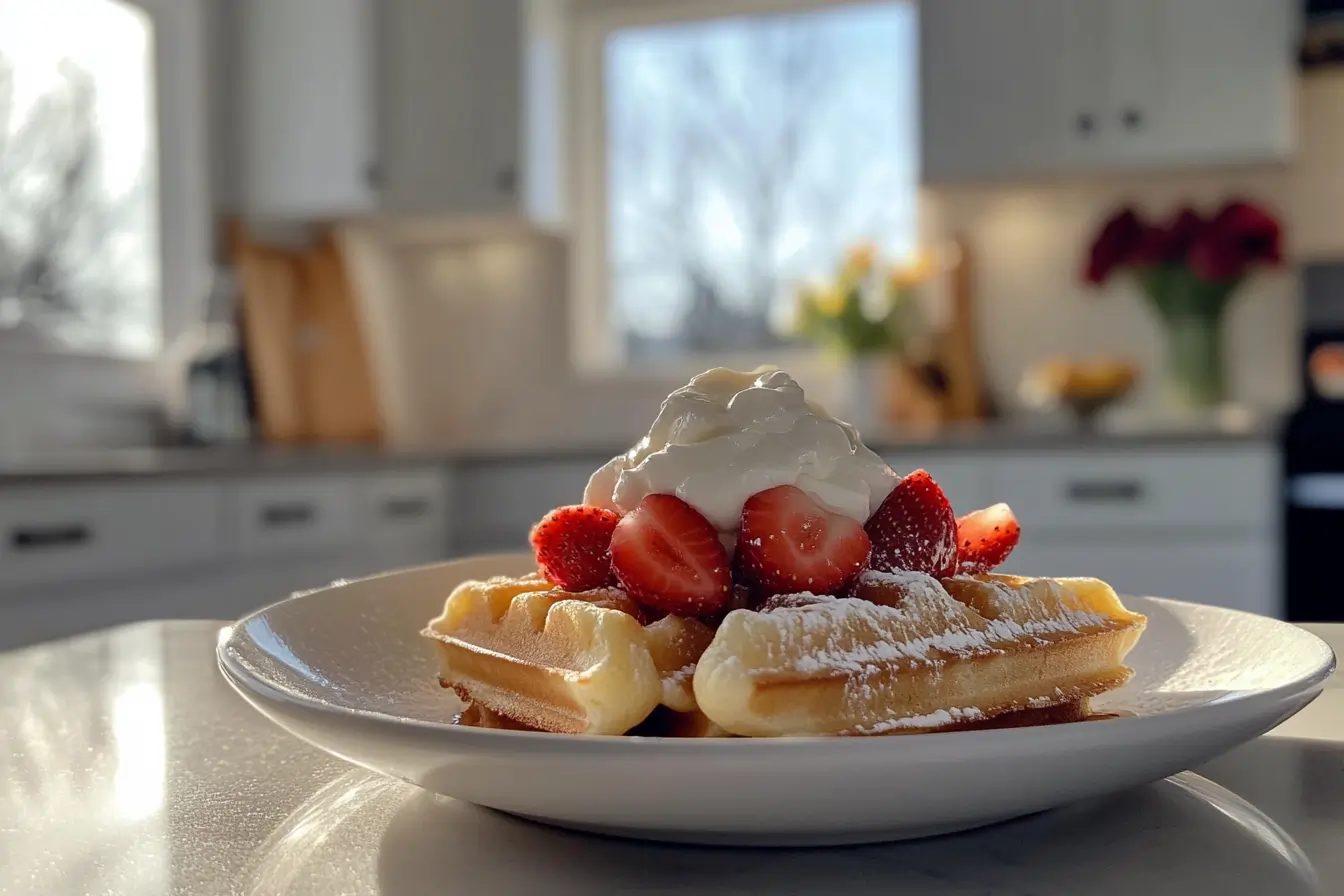 Mochi waffles served with fresh strawberries, whipped cream, and maple syrup on a white plate, in a cozy modern kitchen.