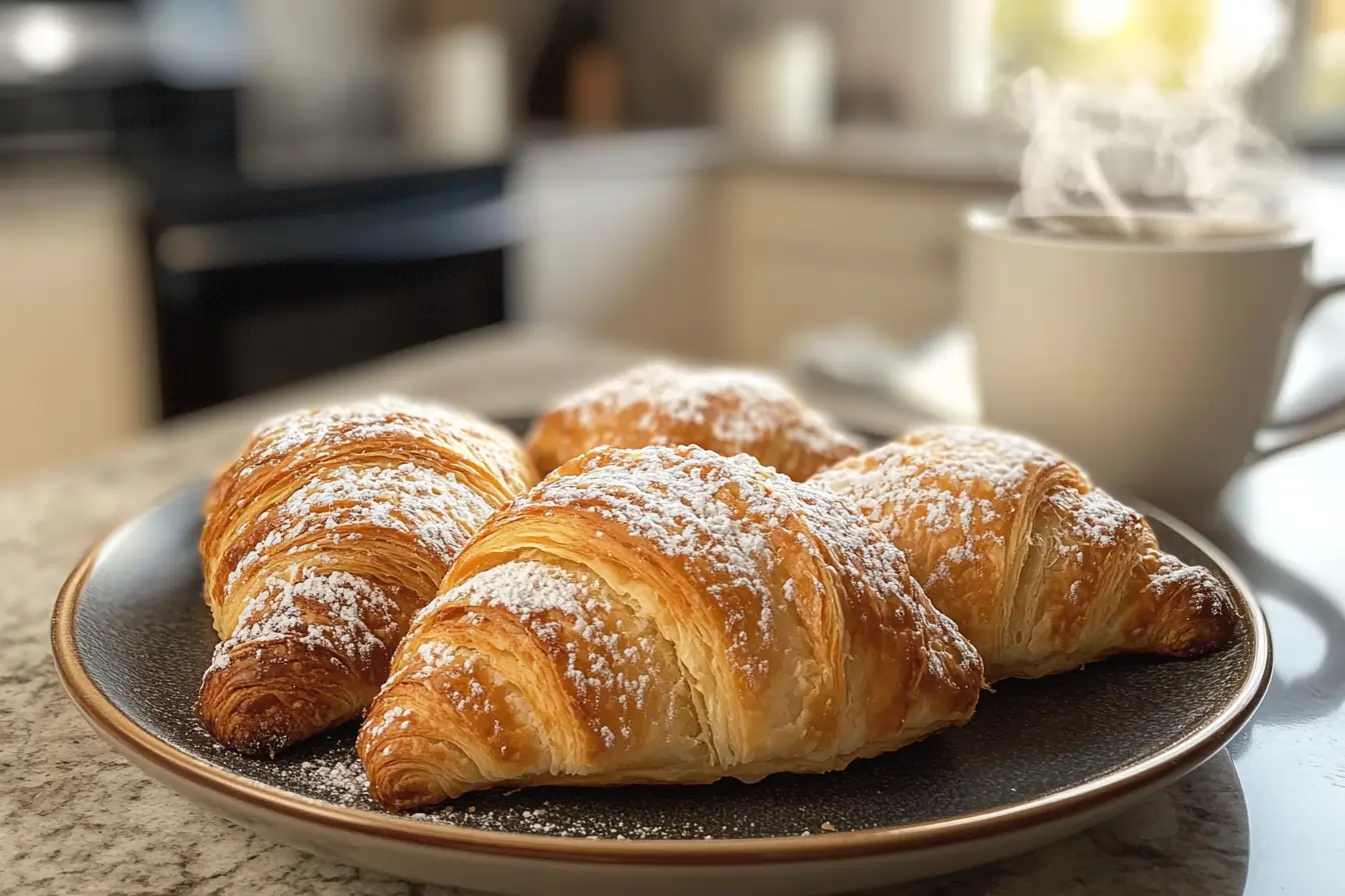 Golden-brown Swiss Gipfeli pastries arranged on a rustic ceramic plate, with powdered sugar dusting and a blurred modern kitchen background.