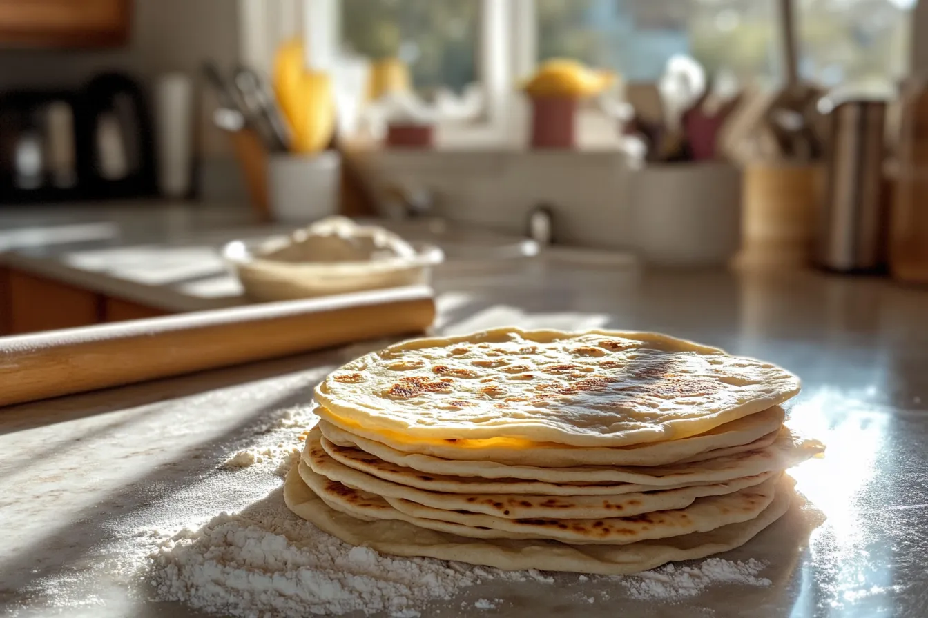 A close-up of freshly made tortillas stacked on a countertop, with golden brown spots and soft textures, surrounded by a rolling pin and flour.