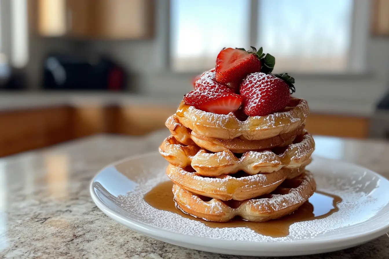 A stack of golden-brown mochi waffles topped with powdered sugar, strawberries, and maple syrup, sitting on a white plate in a modern American kitchen