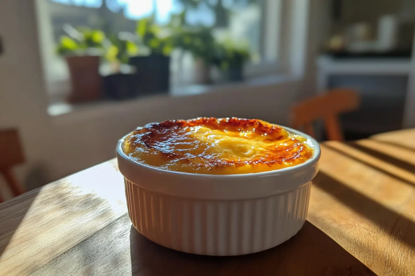 Crab brûlée with a caramelized sugar topping in a white ramekin, set on a wooden table in a modern kitchen.