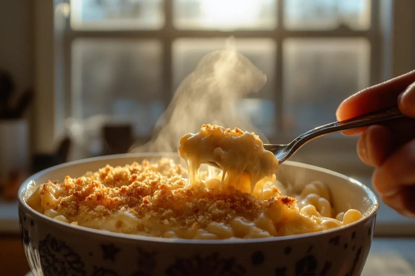 A luscious bowl of golden Four Cheese Mac and Cheese with a spoon lifting a cheesy bite, set in a warmly lit American kitchen.