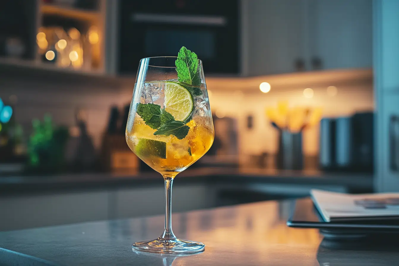 A vibrant glass of Hugo Spritz in a modern American kitchen, with fresh mint, lime slices, and sparkling golden bubbles.