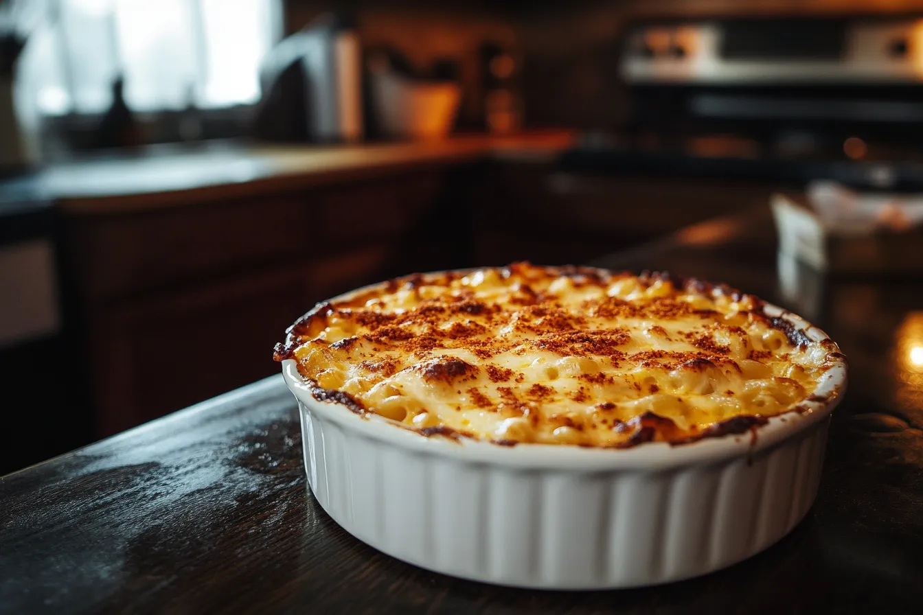 A close-up shot of classic mac and cheese made with cheddar and Monterey Jack, golden and bubbly in a white dish.
