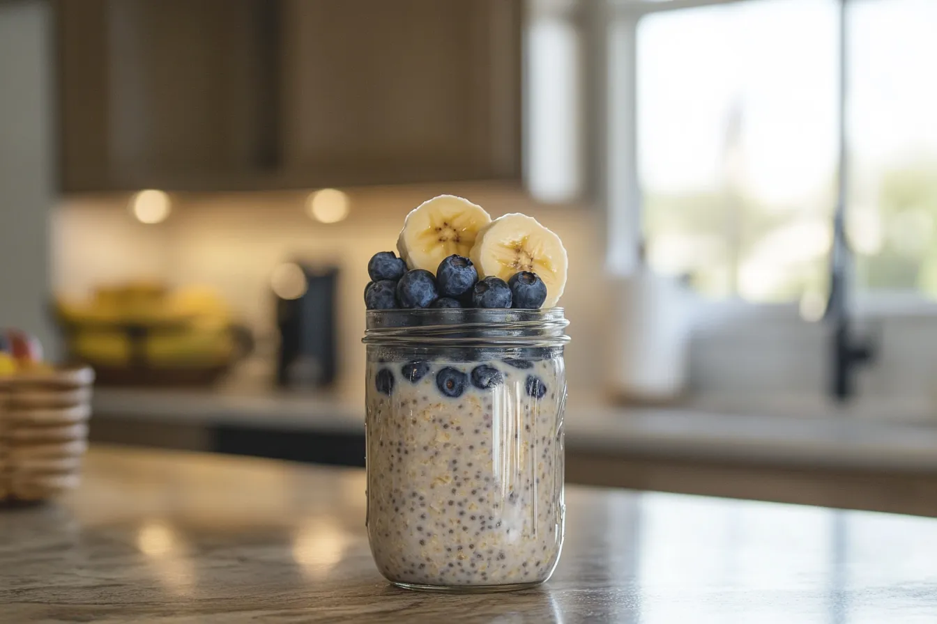 Close-up of overnight oats in a mason jar, topped with fresh blueberries and bananas, photographed in a cozy American kitchen with morning light.