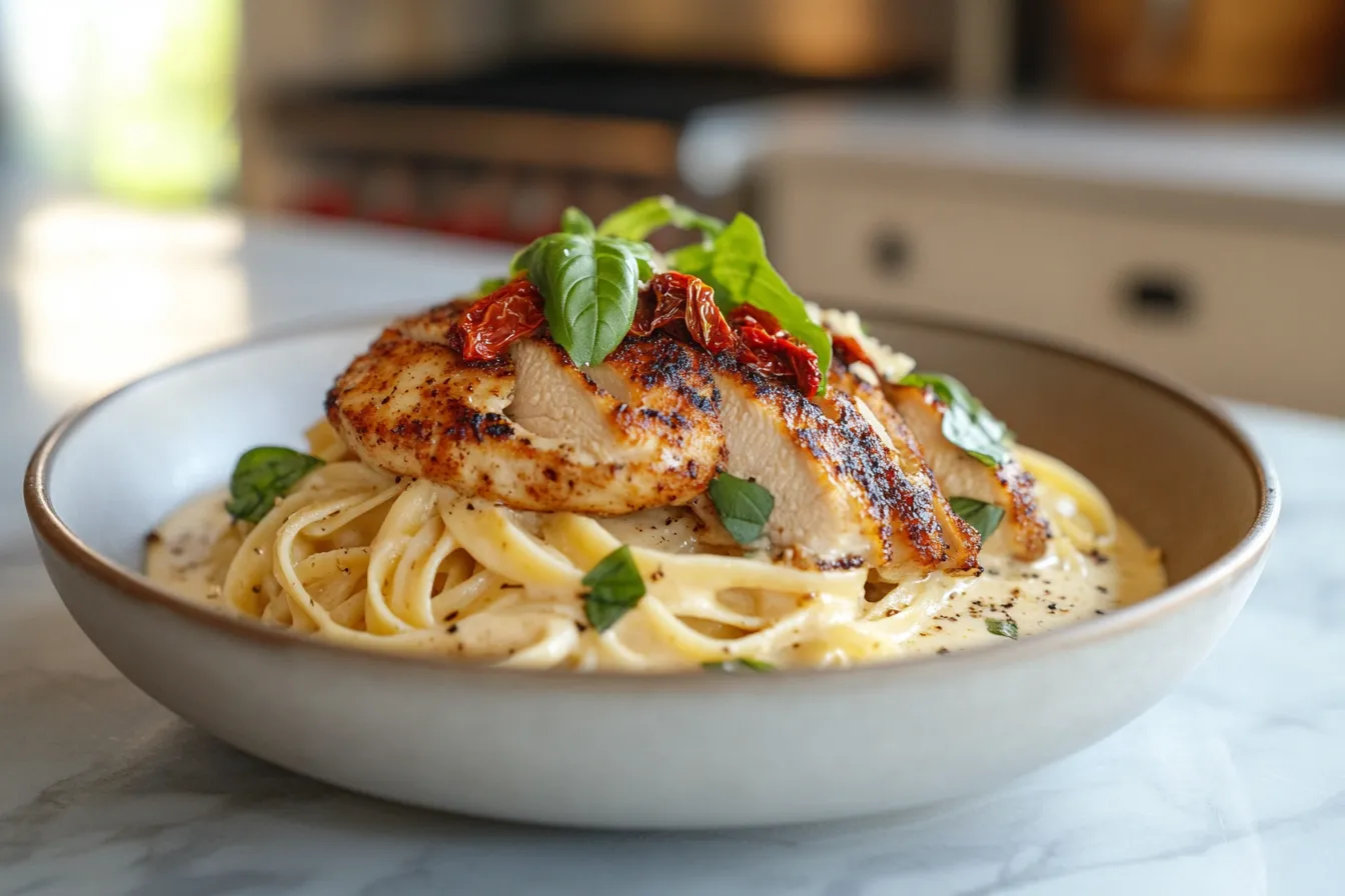A bowl of Marry Me Chicken Pasta featuring golden chicken breast and creamy Parmesan sauce, garnished with fresh basil and sun-dried tomatoes.