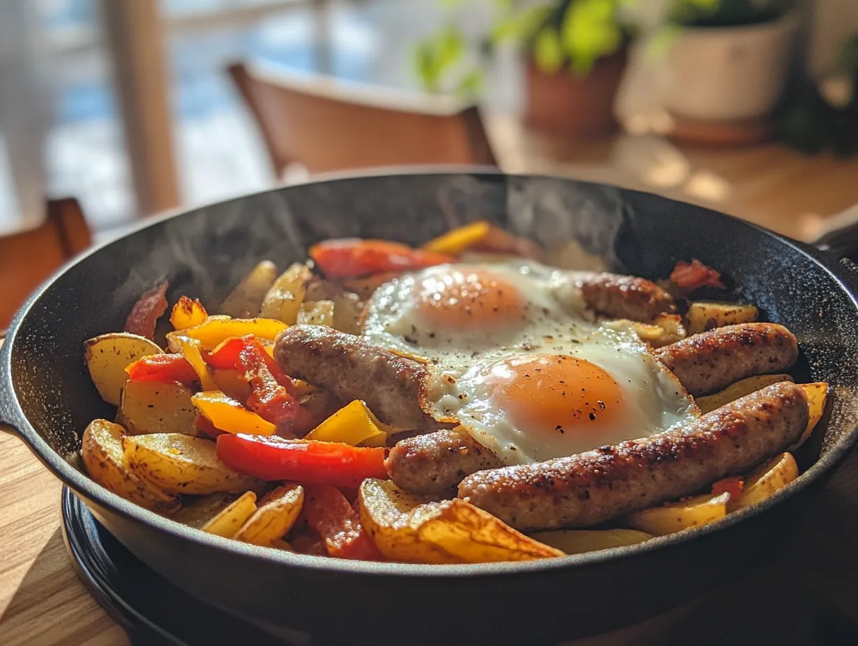 A vibrant breakfast skillet with beef sausage, potatoes, bell peppers, eggs, and melted cheese, served in a modern American kitchen.