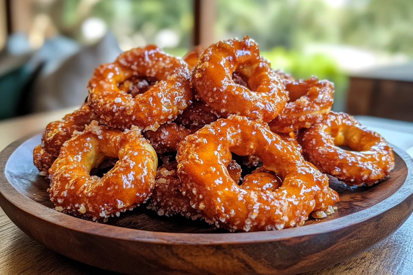 Golden-brown butter toffee pretzels coated in a rich toffee glaze on a wooden plate in a modern American kitchen.