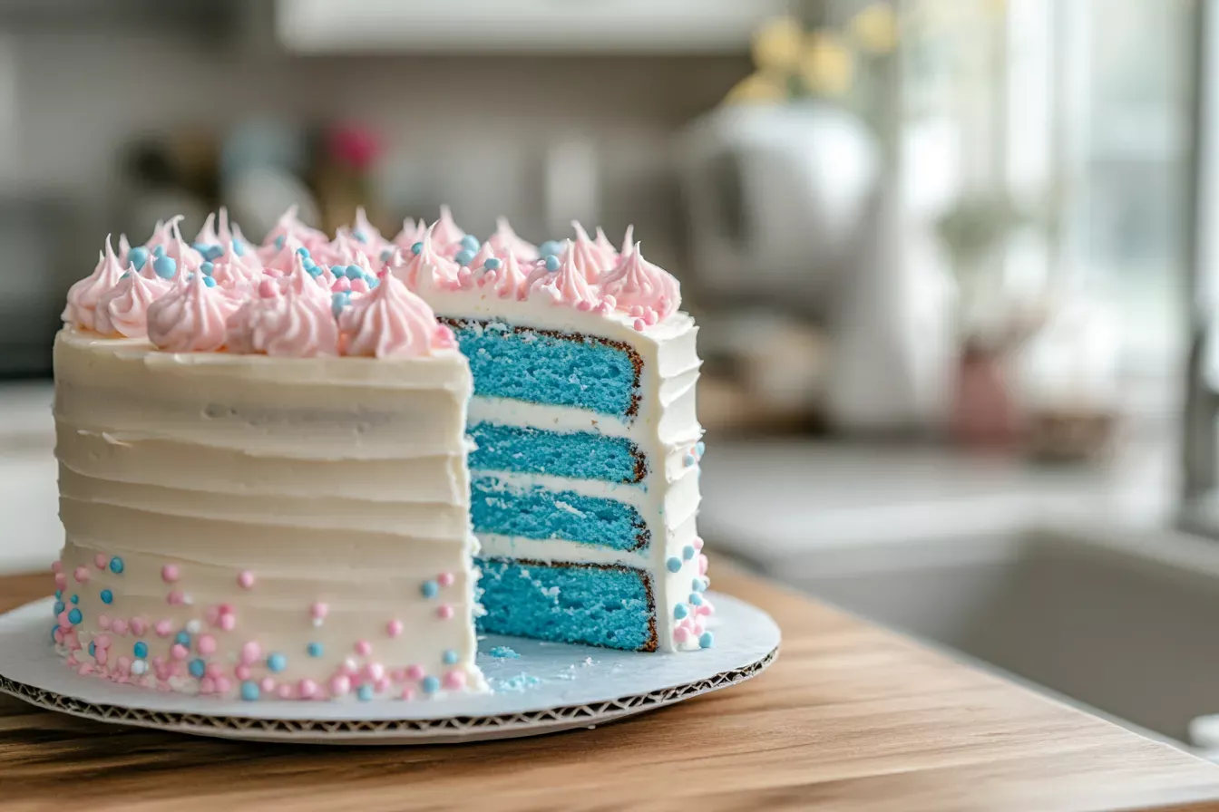 A gender reveal cake with white buttercream frosting and pink and blue pearls, revealing a blue interior.