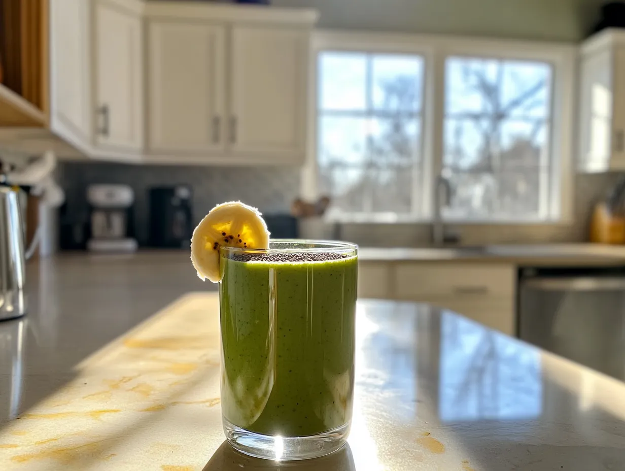 A vibrant green smoothie in a clear glass garnished with banana slices and chia seeds, placed on a wooden counter in a sunlit American kitchen.