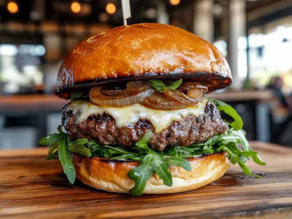 Juicy Wagyu burger with melted Gruyère cheese, caramelized onions, and fresh arugula on a brioche bun, served on a wooden board.