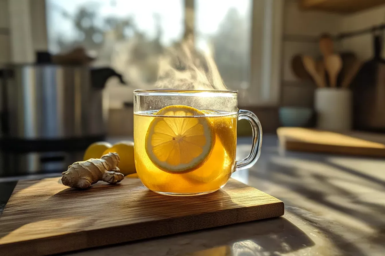 A steaming cup of honey-lemon detox drink with fresh lemon slices and ginger, captured in a cozy modern American kitchen.