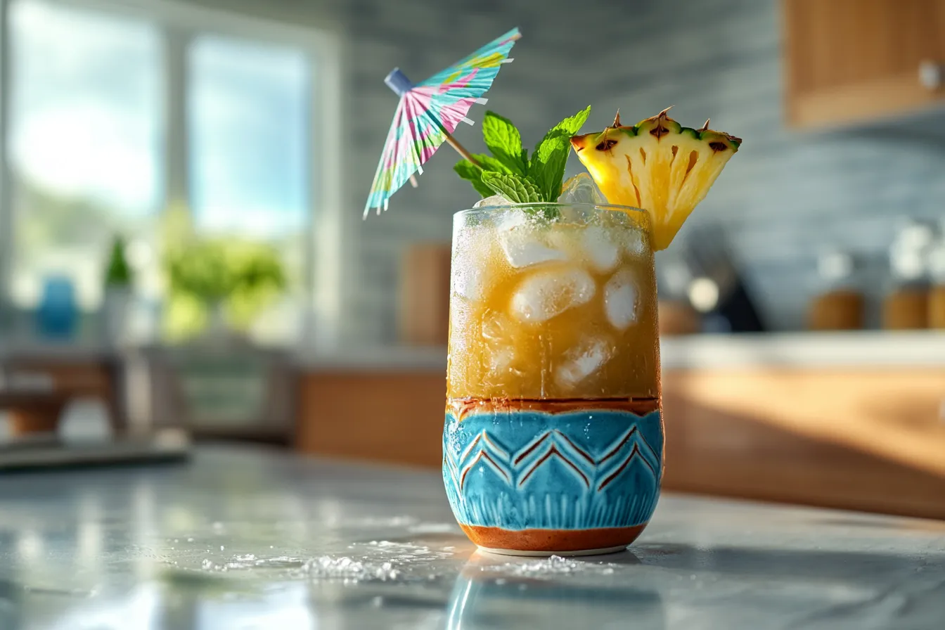 Tropical tiki drink in a tiki mug with pineapple, mint, and umbrella garnish, placed on a bright kitchen counter.