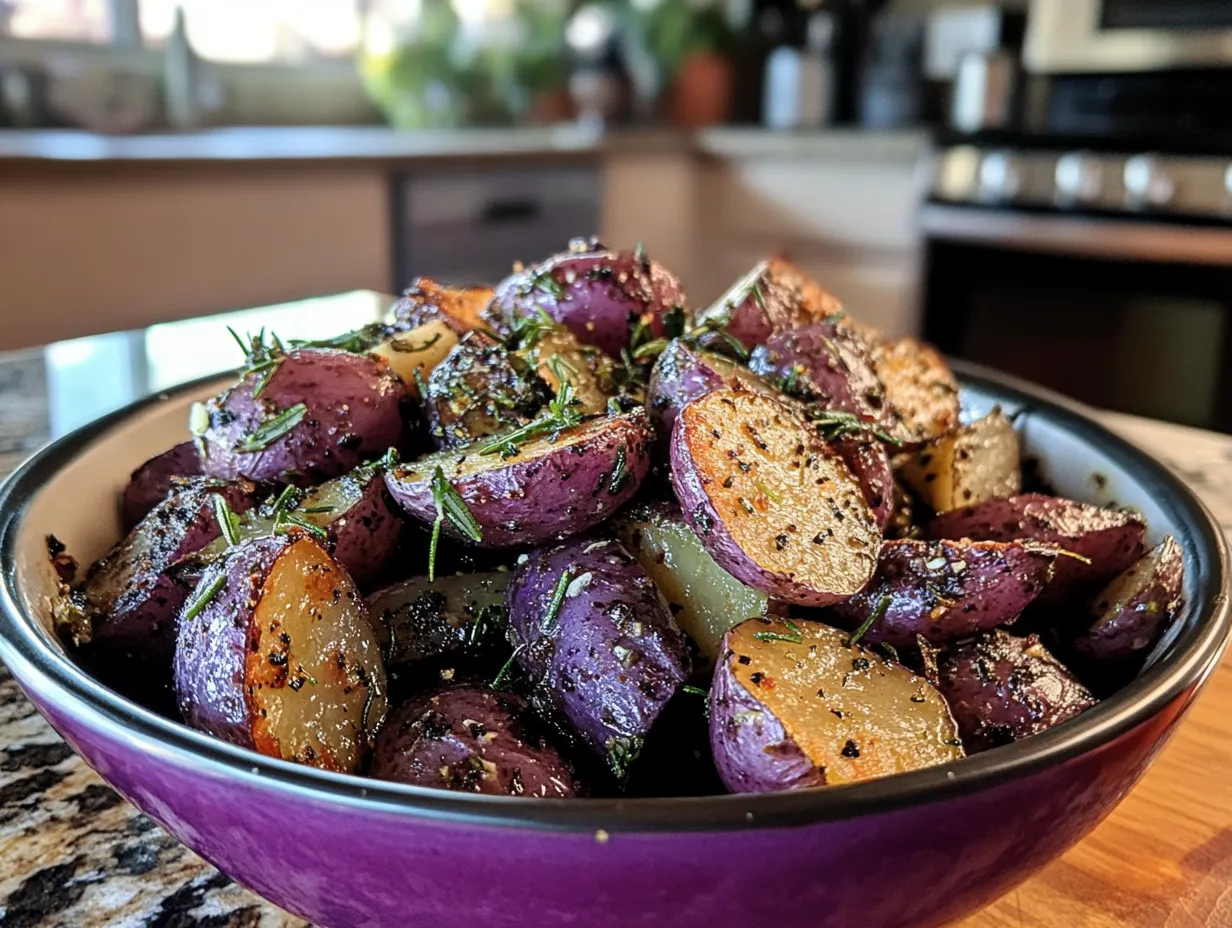 Close-up of a bowl of roasted purple potatoes garnished with rosemary, set in a modern kitchen.
