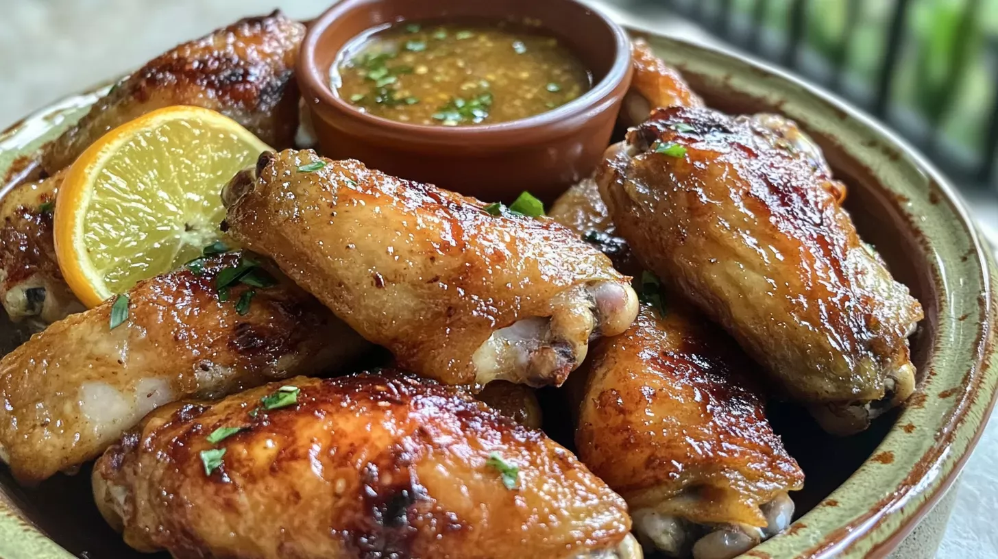 Golden-brown crispy Sinigang wings served with calamansi and dipping sauce in a cozy kitchen setting