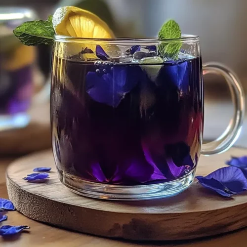 glass of deep purple Brazilian Mounjaro Drink Recipe with floating petals