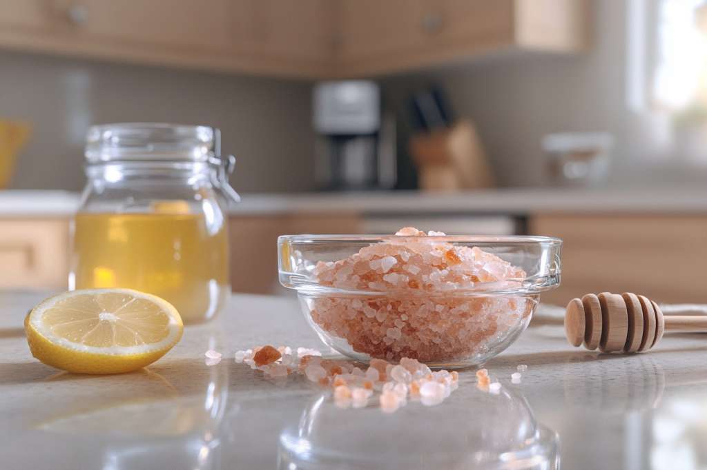 A close-up of Himalayan pink salt and lemon water on a granite countertop in a sunlit American kitchen.