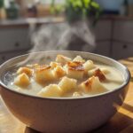 Amish bupli soup with browned butter and milk bread cubes in a ceramic bowl, set on a wooden countertop with natural daylight and a softly blurred kitchen background.