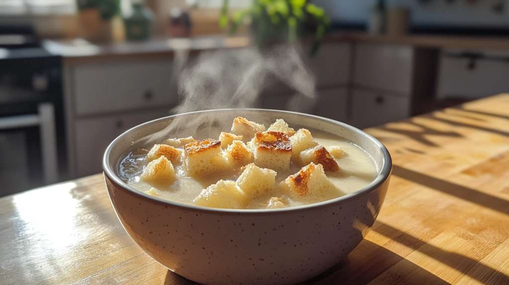 Amish bupli soup with browned butter and milk bread cubes in a ceramic bowl, set on a wooden countertop with natural daylight and a softly blurred kitchen background.