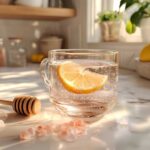 A glass cup of warm Himalayan pink salt water with lemon, sitting on a marble kitchen counter in soft natural light