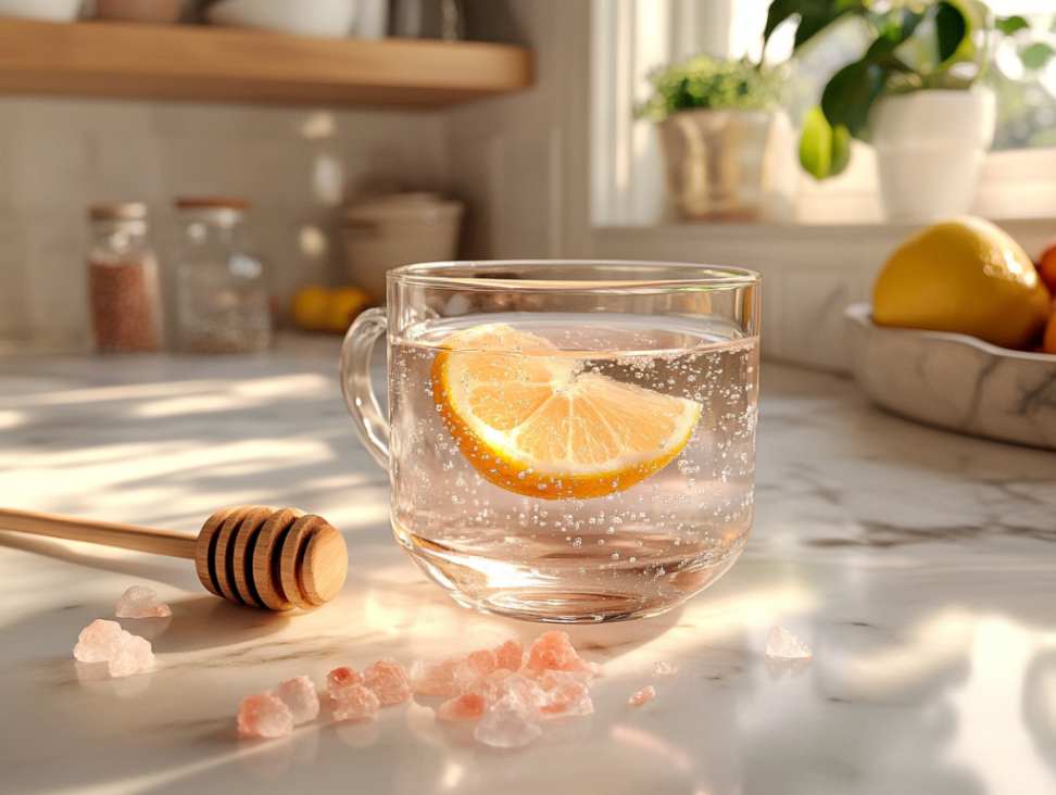 A glass cup of warm Himalayan pink salt water with lemon, sitting on a marble kitchen counter in soft natural light